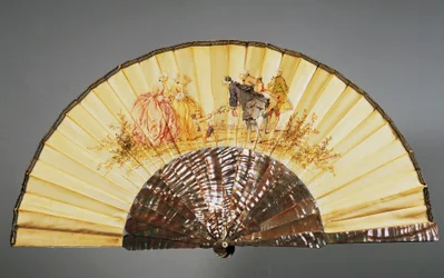Hand fan depicting Reverence, watercolour on silk and mother of pearl created by Felix Alexandre, Paris