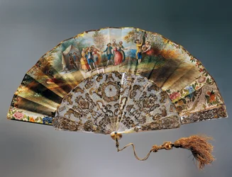 Hand Fan with Scene of Kids Playing, Paper Leaf with Watercolour Lithograph and Mother of Pearl Ribs