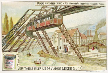 Hanging train on the Wupper river, promotional advertising card for Veritable Extrait de Viande Liebig