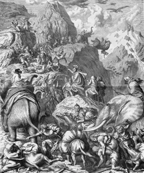 Hannibal Crossing the Alps with Elephants to Arrive in Italy (II Punic War). Engraving of the 19th Century