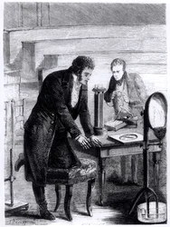 Hans Christian Oersted discovering the deviation of the magnetic needle by closed current in 1820, from Les Merveilles de la Science by Louis Figuier, 1867