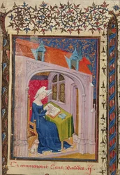 Christine de Pisan writing at her desk, from The Works of Christine de Pisan, c.1410-15
