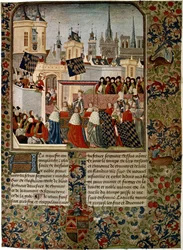 Entry of Queen Isabella, estranged consort of Edward II (1284-1327) into Paris in 1325, executed by Jean Froissart (c.1333-c.1404) for the historian Philippe de Comines (1445-1509)