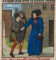 Detail of a miniature of a sufferer being given money by his true friend, from Roman de la Rose, c.1490-1500