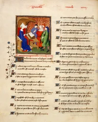 Miniature of a Woman Reading Moral Proverbs at the Beginning of the 