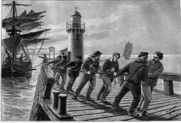 Haulers towing a boat, late 19th century. Engraving in 