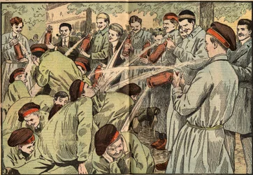 Hazing: New Students of the Agricultural Institute of Water Asparagus in Seltz in Paris. Engraving in 