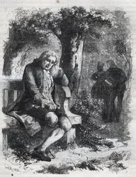 He Heard the Whisper of a Kiss. The Swiss Philosopher Jean-Jacques Rousseau (1712-1778) Surprises His Companion Marie-Therese Le Vasseur (1721-1801) in Full Adultery. Engraving from 1871 in 