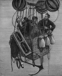 Henri Theodore Sivel, Joseph Croce Spinelli and Gerard Tissandier in the gondola of balloon Zenith, 15 April 1875