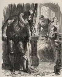 Henry Stuart known as Lord Darnley (1545-1567) surprised his wife, Queen Mary I Stuart (1542-1587), with his private secretary, David Rizzio (d. 1566). Engraving from 1871 in 