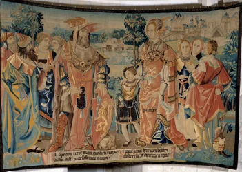 Hercules of Libya with his wife Galathee and his son Galathes surrounded by their courtiers in front of the city of Alexia in 1713 BC
