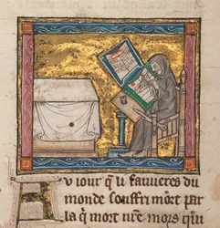 Hermit writing at a desk, miniature from 