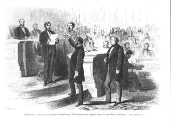 Hiram Revels, the first Black Senator of the State of Mississippi being sworn into the Washington Congress