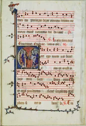 Historiated letter depicting an assembly of apostles, early 14th century