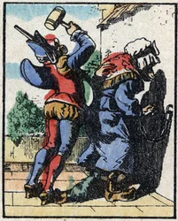 History of Dr. Pulcinella (Polichinelle). Wood Engraving of Imaging Pellerin - Epinal, Late 19th Century