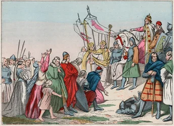 History of Gaul in the Middle Ages: Germanic Saxons kneeling before King Charlemagne (742-814), victor of the wars - Engraving from the end of the 19th century in 