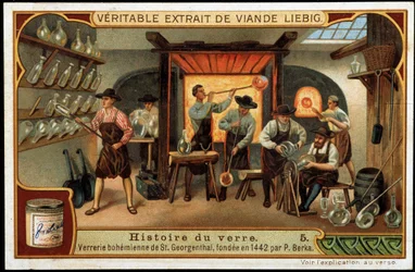 History of Glass: Bohemian Glassworks of Saint Georgenthal Founded in 1442 by P. Berka, Late 19th Century Liebig Chromolithography