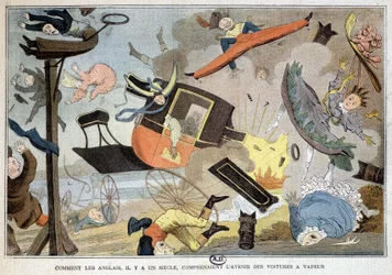 How the English, a century ago, understood the future of steam cars: cartoon about the explosion engine - England