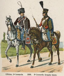 Hussars 1st Vendemiary An XII (24 September 1803): Officer, 2nd Hussars and 9th Hussars in Great Dress in 1806 (Plate from the book Les Uniforms de l
