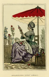 Ibex costume of the 18th century. Colour engraving, in France et les francais a travers les centuries by Augustin Challamel, F.Roy editor, Paris 1882. Selva Collection.