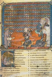 Illuminated page from an Anthology, showing from left to right, Adenet le Roi, a minstrel to Duke Henry; Count Guy of Flanders; Marie, Queen of France and wife of Philip the Bold (1342-1404)