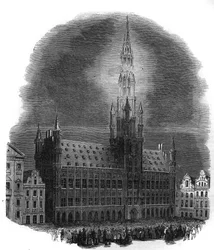 Illumination of Brussels City Hall on 26 September 1864 on the occasion of the anniversary of the fighting that liberated Belgium from Dutch domination. From a sketch by M.D.A. Engraving in "The Illustrated Universe".