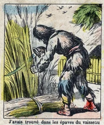 Illustration for the Book of Daniel Defoe Robinson Crusoe. Epinal imaging from the end of the 19th century.