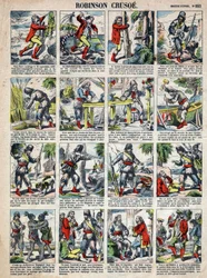 Illustration for the Book of Daniel Defoe “Robinson Crusoe”. Epinal imaging from the end of the 19th century.