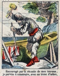 Illustration for the book of Daniel Defoe "Robinson Crusoe". Epinal imaging from the end of the 19th century.