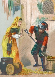 Illustration for the Tales of the Thousand and One Nights. Ali-Baba loads his golden donkeys and returns home