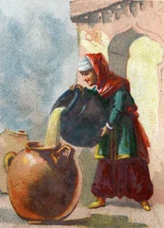 Illustration for the Tales of the Thousand and One Nights. Morgiane, a slave of Ali Baba, realizing that the vases contained thieves, took away their lives by pouring boiling oil into each vessel