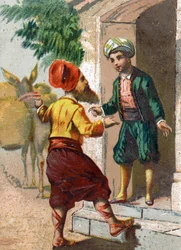 Illustration for the Tales of the Thousand and One Nights. The captain, disguised as an oil merchant and followed by 19 mules each loaded with two large vases, asks for the hospitality of Ali-Baba
