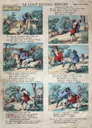 Illustration of the fable by Jean de la Fontaine: the wolf became a shepherd