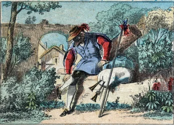 Illustration of the fable by Jean de la Fontaine: the wolf became a shepherd