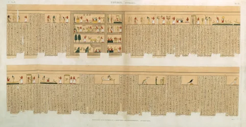 Illustrations of a Pampus manuscript with hieroglyphics, Hypogees, Thebes, plate 75 from Vol II of Descriptions of Egypt