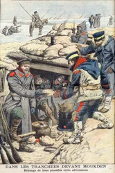In the trenches before Mukden, Russian-Japanese War. Japanese and Russian troops exchanging food and drink. Illustration for Le petit Journal, 22 January 1905