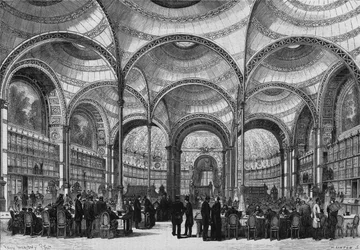 Inauguration of the new reading room of the Imperial Library of Paris, June 13, 1868, built by architect Pierre Francois Henri Labrouste (1801-1875). Engraving in "Le Monde Illustre" n°585 of 27 June 1868.