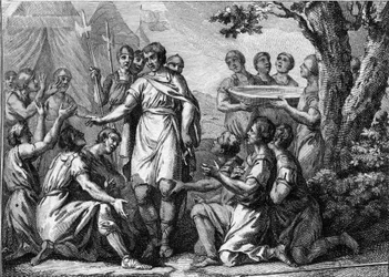 Inauguration of Pharamond (5th century): coronation of the King of the Franks Pharamond (or Pharamun or Faramund or Paramund). Engraving of the 18th century.