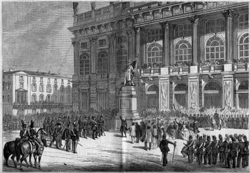 Inauguration of the Sardinian monument by Vincenzo Vela (1820-1891), at the Chateau Square in Turin (Italy) on 10 April 1859. Behind the statue is the Palazzo Madama. Based on Mr. Ferry