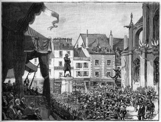 Inauguration of the statue of Honore Gabriel Riqueti, Count of Mirabeau (1749-1791) French revolutionary, on Place Ducerceau in Montargis in 1888