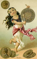 Indian dancer beating a rupee drum, from a series of promotional cards on currencies in different countries, published in Paris by Baster & Vieillemard for use by the chocolate producer, Chocolat Ibled