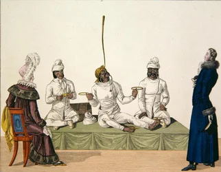 Indian jugglers performing a balancing act, plate 87 from le Bon Genre, c.1810