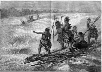 Indians of Canada, standing on tree branches attached together, descending the Long Sault Rapids on the St. Lawrence River