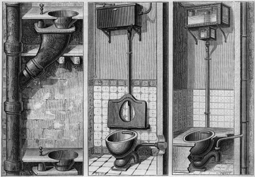 Installation of three chambers: (from left to right:) unsanitary cabinet, sanitary cabinet with hunting tank and siphoning and ventitious apparatus without mechanics. Engraving in 