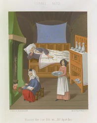 Interior scene with a man in bed as two women prepare food