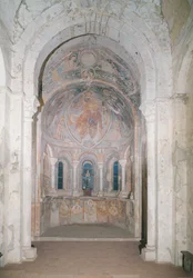 Interior view of the apse with a fresco depicting Christ giving the law to St. Peter in the presence of saints and apostles
