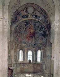 Interior view of the apse with a fresco depicting Christ giving the law to St. Peter in the presence of saints and apostles