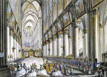 Internal view of Notre-Dame de Paris, at the arrival of Marie Antoinette, Queen of France, to attend the famous mass for the birth of her son, the future Louis XVII. Engraving 18th century