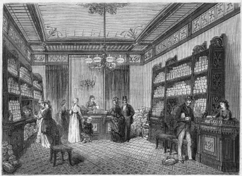 Internal view of the coffee shop Compagnie du Moka-Zanzibar, located in Paris at 47, rue Vivienne. Engraving in Le Monde Illustré n°808 of October 5