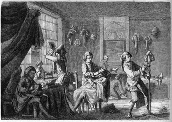 Internal view of the shop of a French wig under Louis XV (18th century). Engraving by Dargent